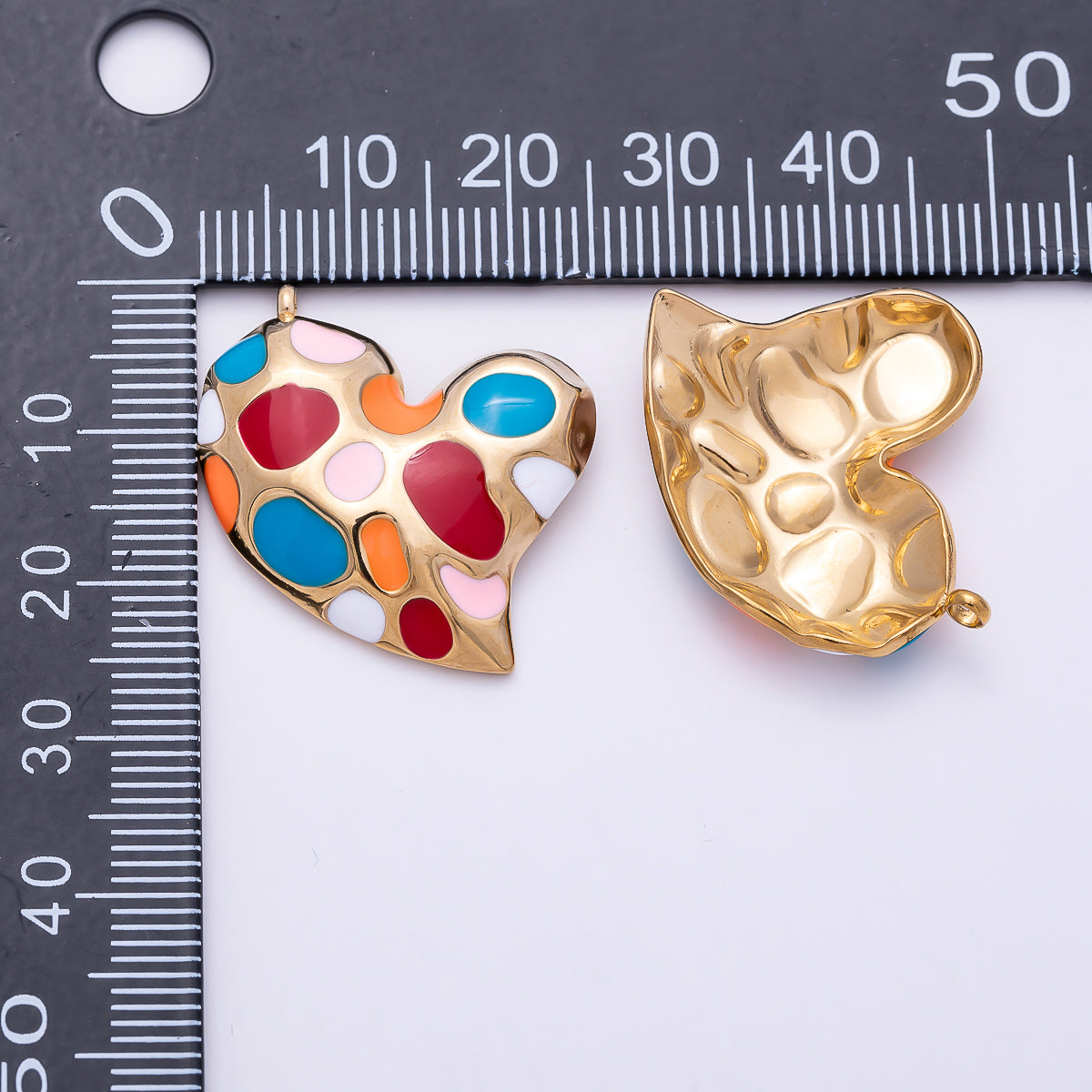 PVD Gold Stainless Steel 30mm Multicolor, Green Enamel Abstract Dotted Heart Charm | Charms-01429 Charms-01430