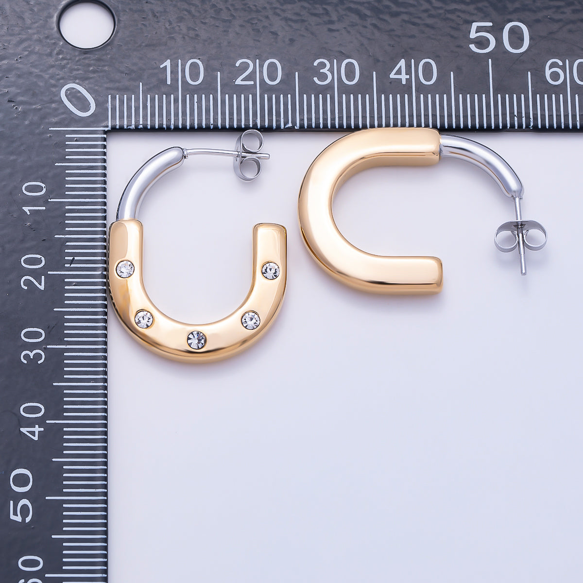 Stainless Steel 29mm Clear CZ Dotted Mixed Metal J-Shaped Hoop | Earrings-00714