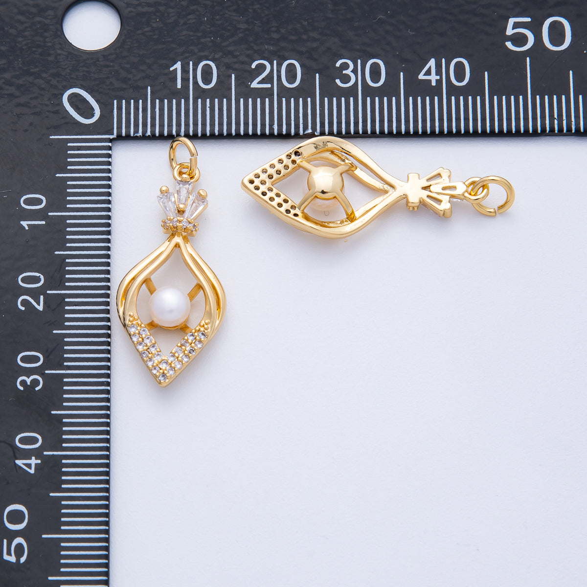 18K Gold Filled 29mm Geometric Shell Pearl Micro Paved CZ Baguette Sphere Charm | AK204