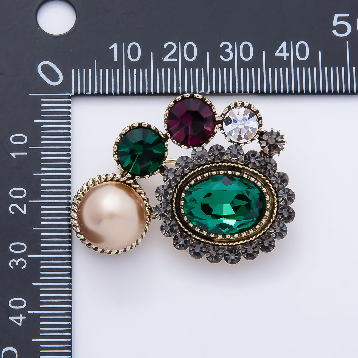 Vintage Gold 39mm Shell Pearl Multicolor Rhinestone Round Oval Pin Brooch | BH-00171