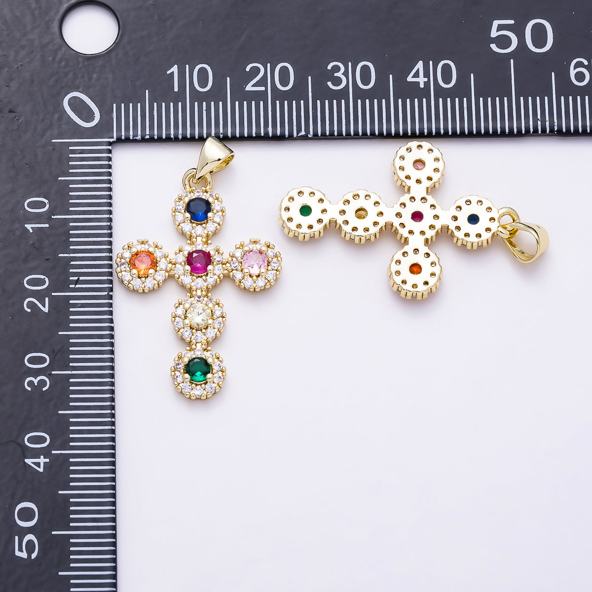 16K Gold Filled 29mm Multi Color Micro Paved CZ Cross Religious Pendant | Charms-01918 - Charms-01920