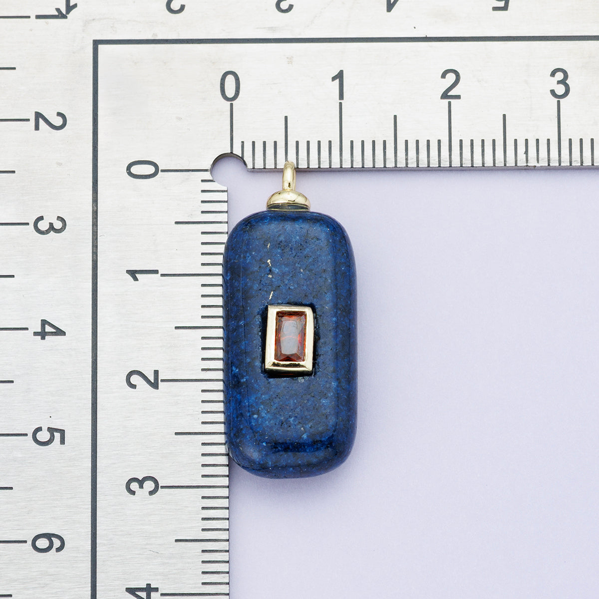 18K Gold Filled 30mm Red Baguette CZ Embedded Lapis Lazuli Gemstone Rectangle Charm | Charms-00428