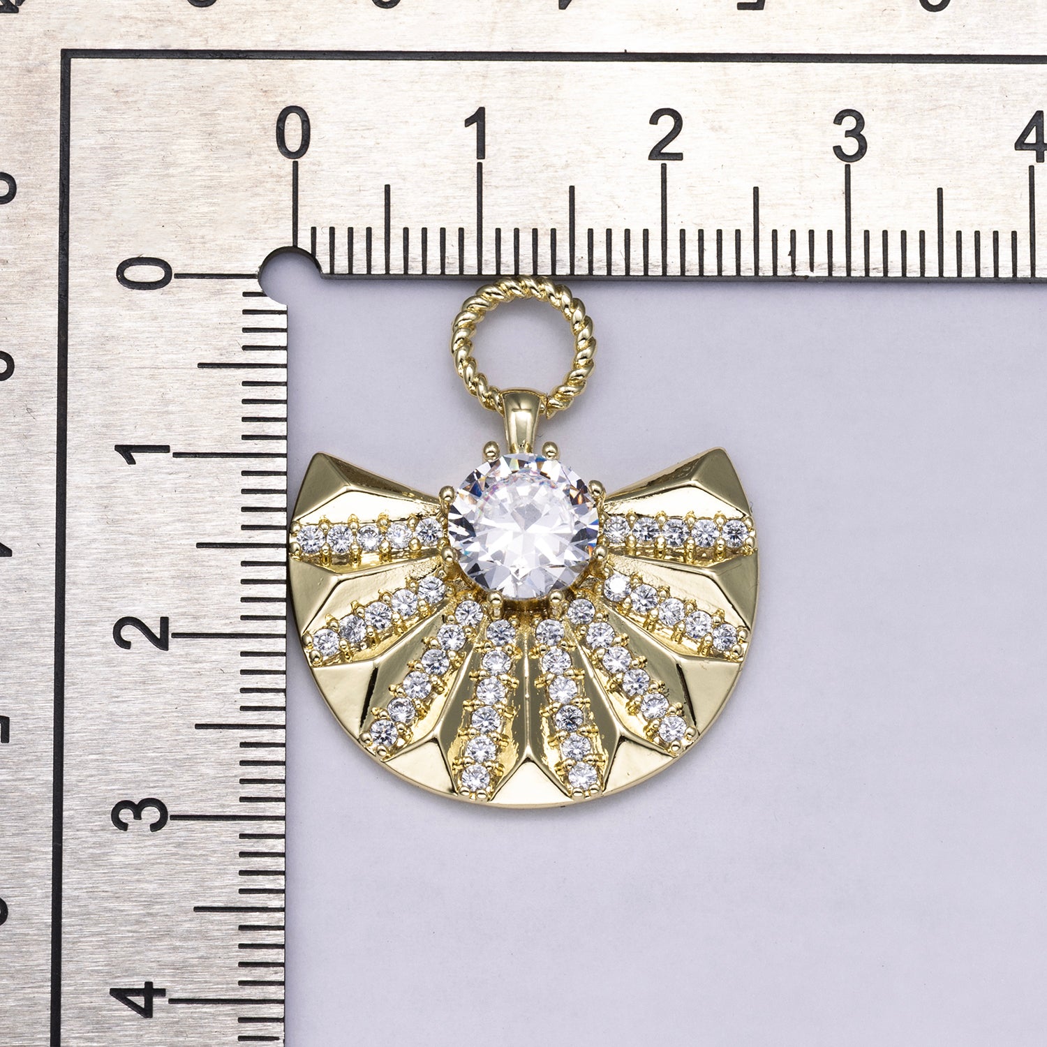 14K Gold Filled 29mm Micro Paved CZ Sunburst Fan Drop Pendant | Charms-00486