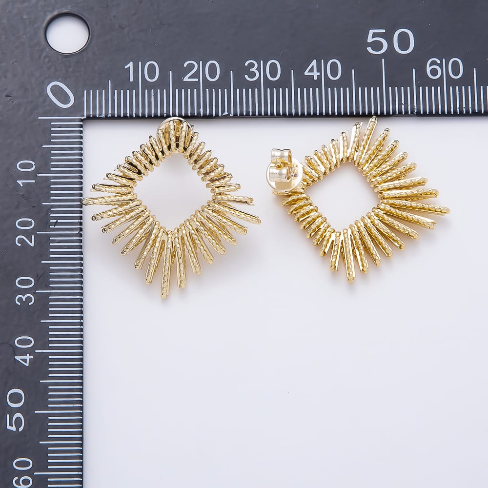 16K Gold Filled 29mm Sunburst Geometric Rhombus Ribbed Open Stud Earrings| Earrings-00897