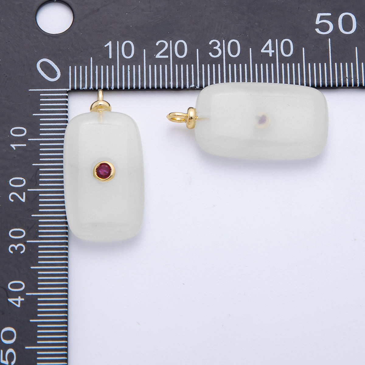 18K Gold Filled 30mm Embedded Fuchsia CZ White Agate Rectangle Gemstone Charm | Charms-00255