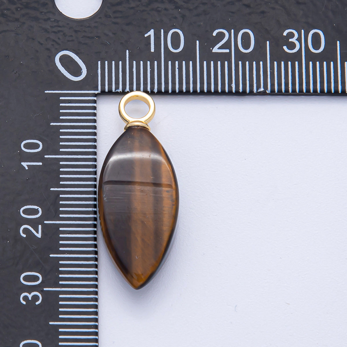 18K Gold Filled 30mm Tiger Eye Gemstone Navette Sphere Drop Charm | AK052