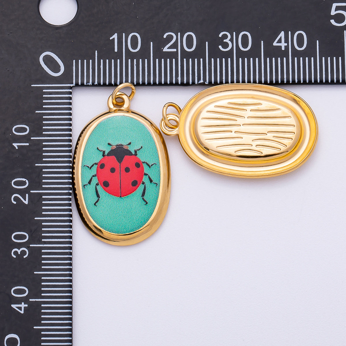 Gold Stainless Steel 31mm Hand-Painted Enamel Oval Ladybug Insect Charm | J420