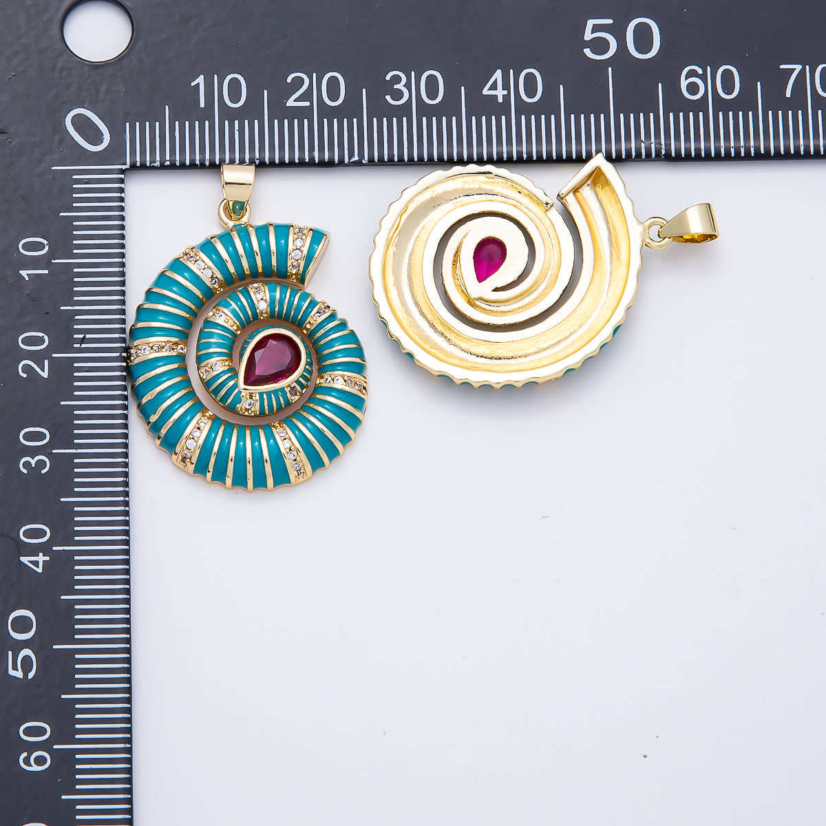 16K Gold Filled 31mm Colorful CZ Spiral Nautilus Shell Enamel Beach Pendant | Charms-01777 - Charms-01782
