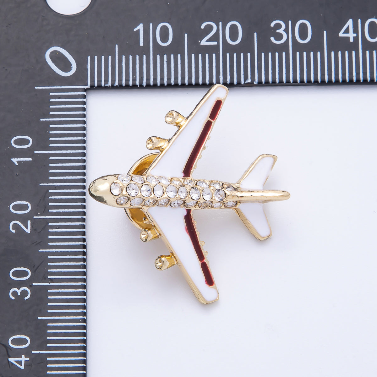 Gold Rhinestone White Enamel Airplane Travel Pin Brooch | BH-051