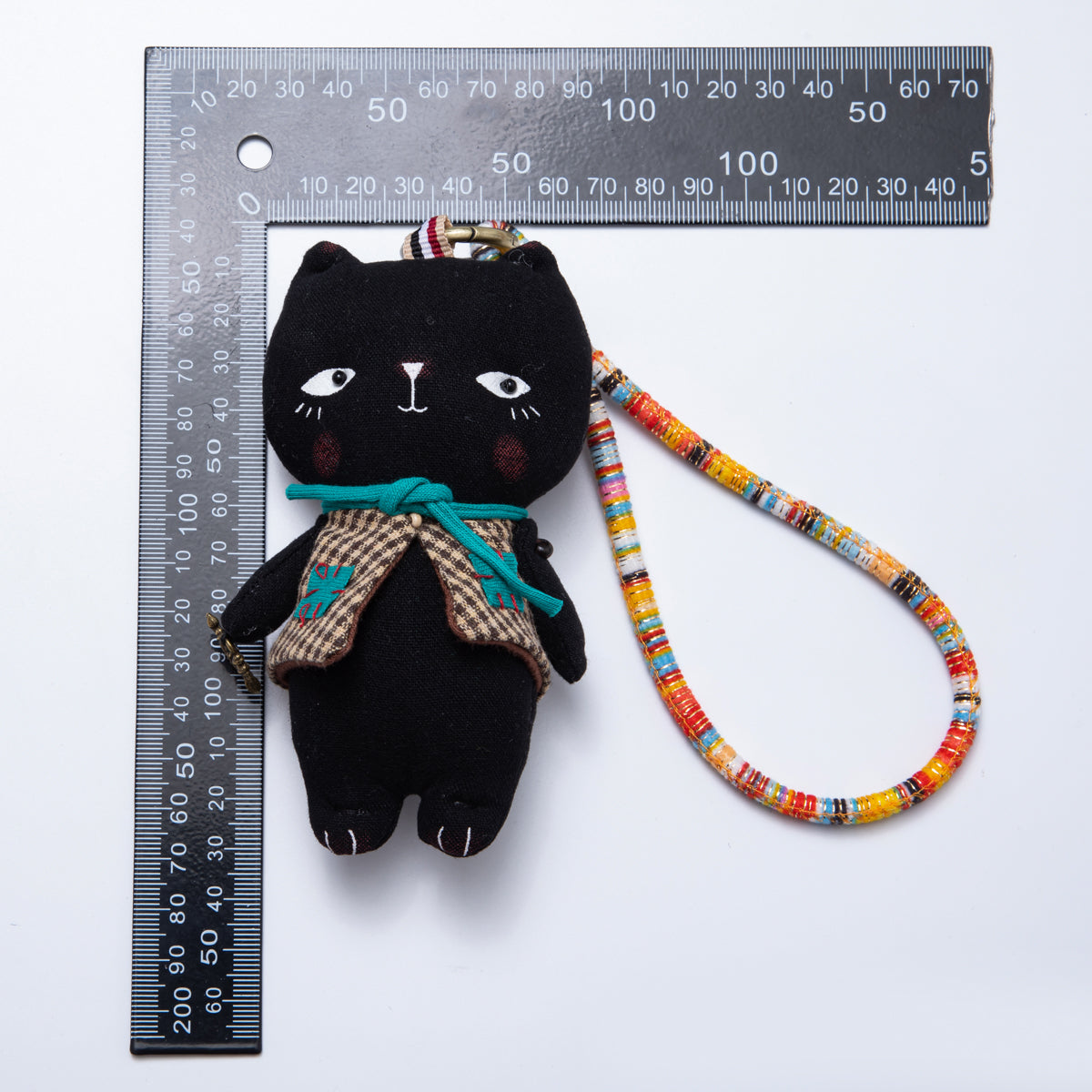 Fabric Doll 300mm Black Cat With Gingham Vest Keychain | WB-00055