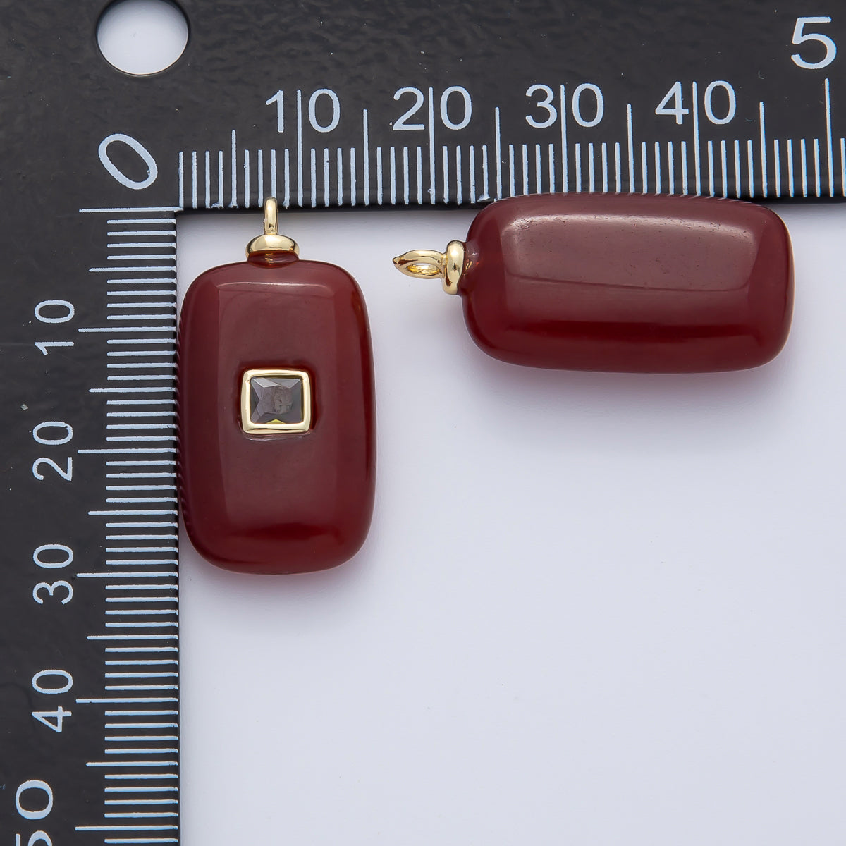 18K Gold Filled Clear Baguette CZ Red Carnelian Tube Gemstone Charm | AF1453