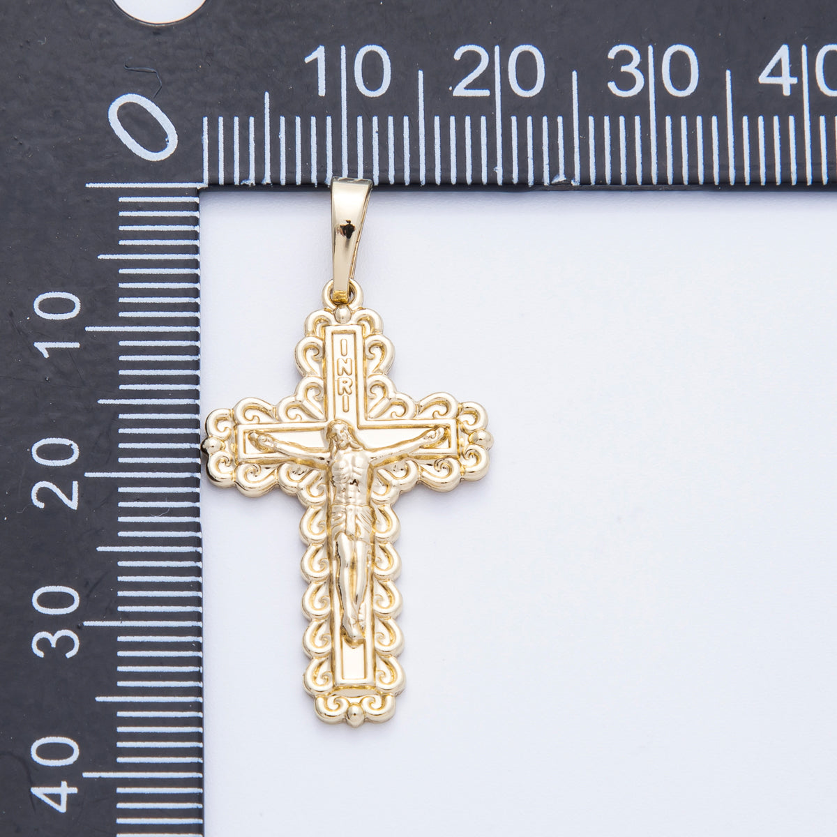 14K Gold Filled 30mm INRI Crucifix Cross Cloud Curved Artisan Religious Pendant | Charms-00211