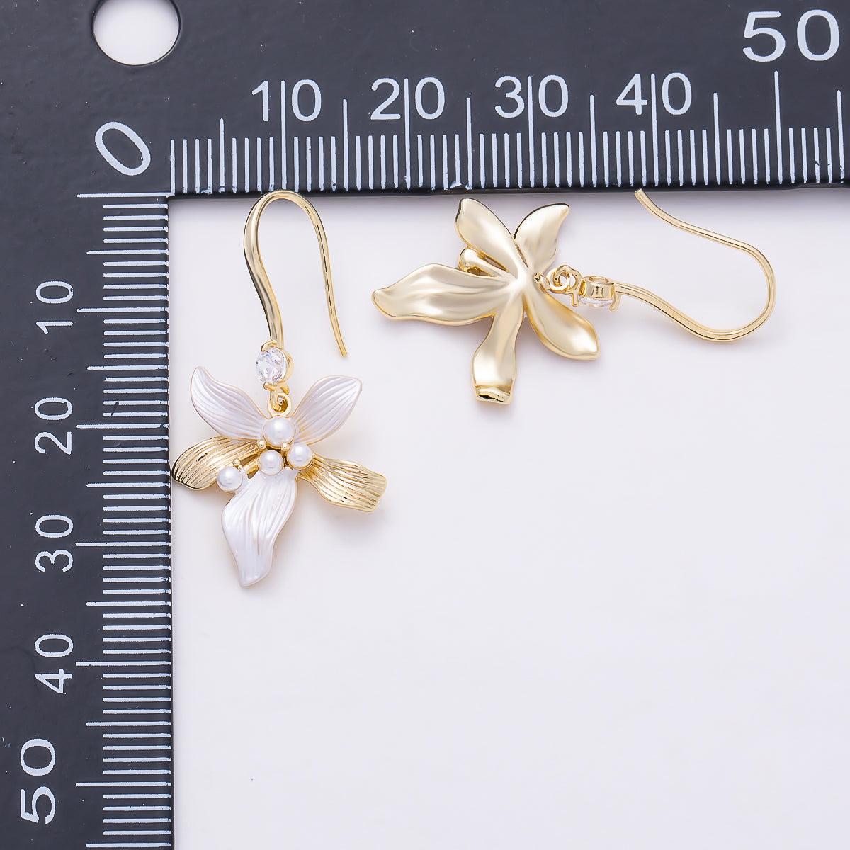 16K Gold Filled 31mm Shell Pearl Clear CZ White Enamel Flower Drop Earrings in Gold & Silver | Earrings-00843 - Earrings-00844