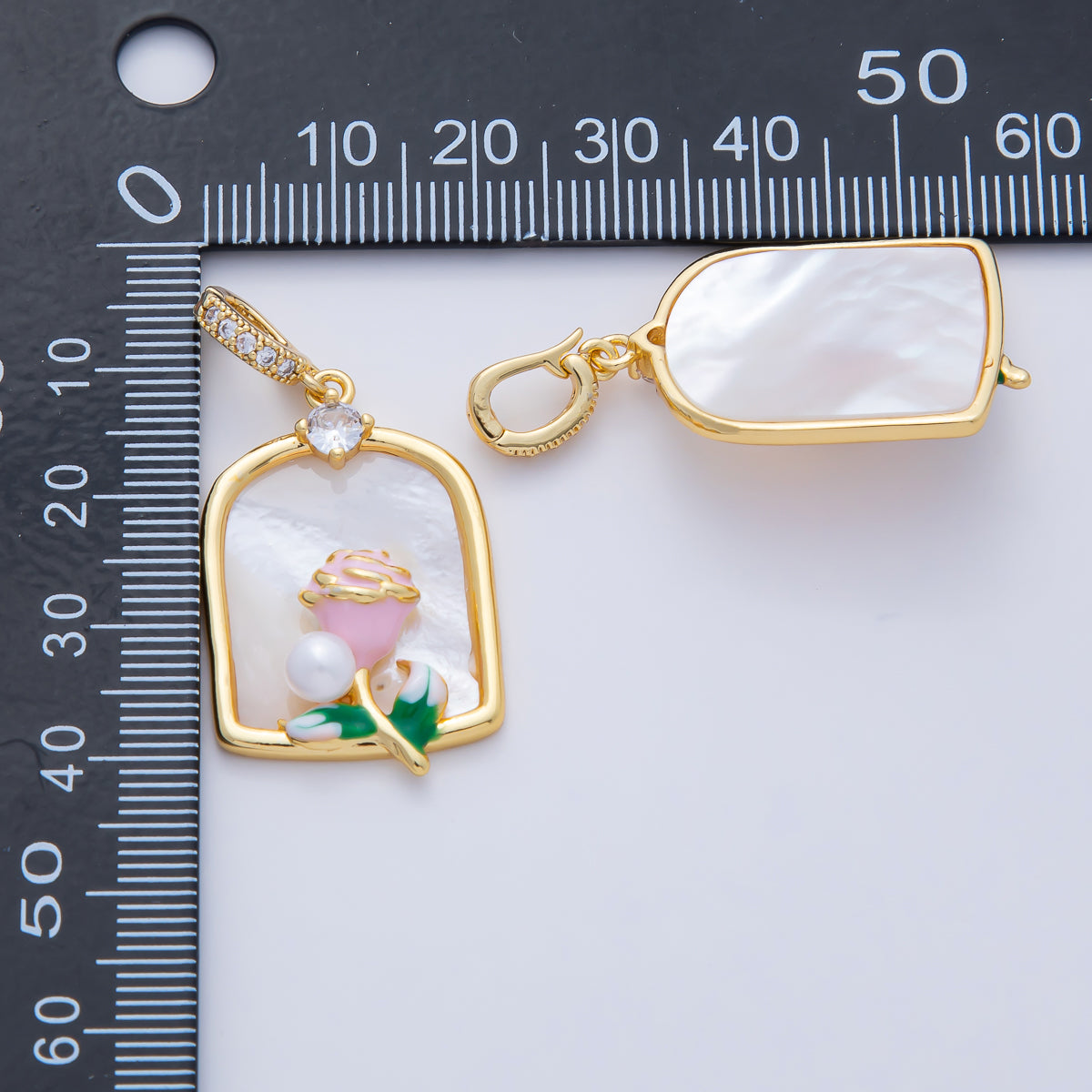 18K Gold Filled 31mm Pink Blooming Rose Flower White Shell Pearl Window Frame Pendant Charm | AF1196