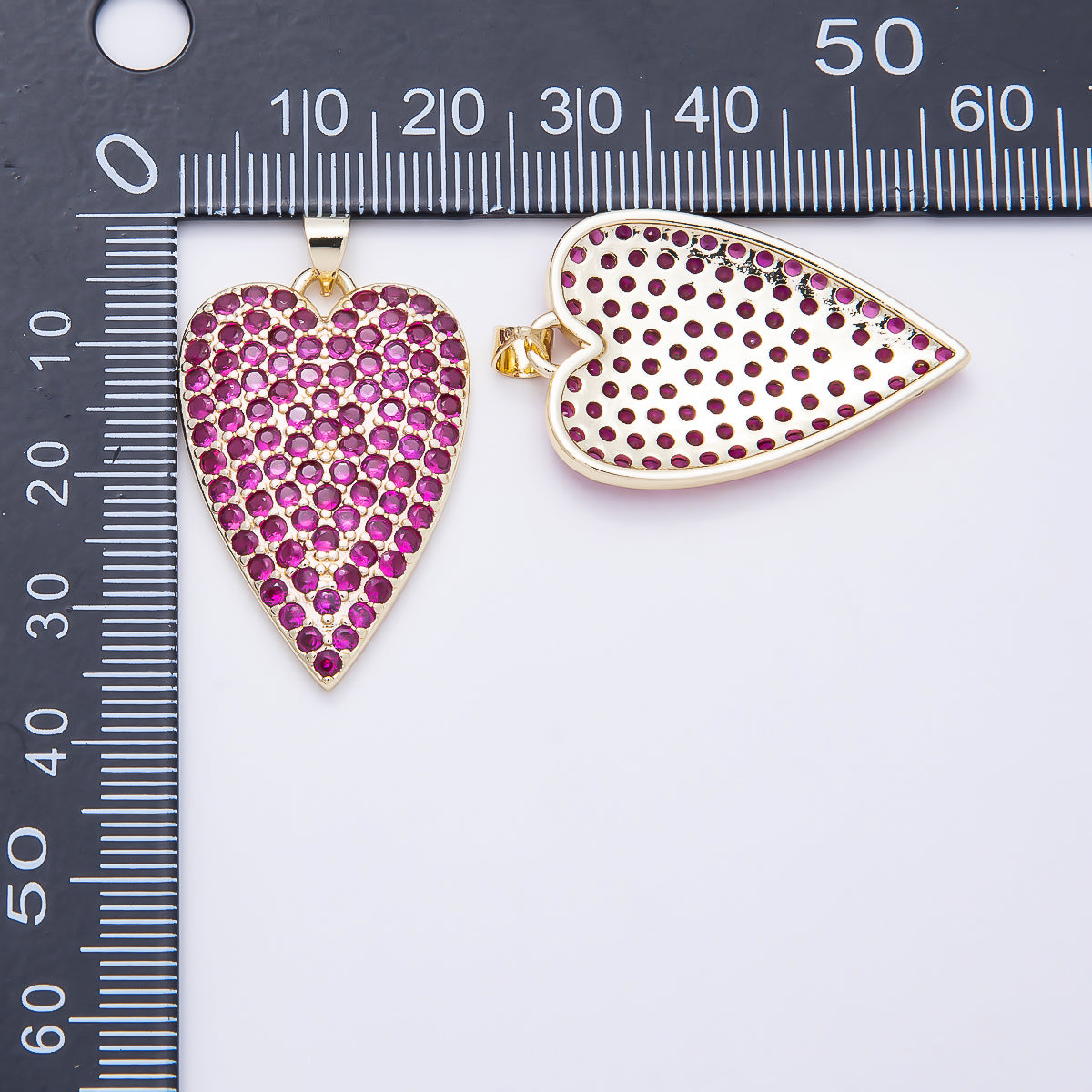 16K Gold Filled 32mm Clear, Fuchsia, and Turquoise Micro Paved CZ Elongated Heart Pendant | Charms-01774 - Charms-01776