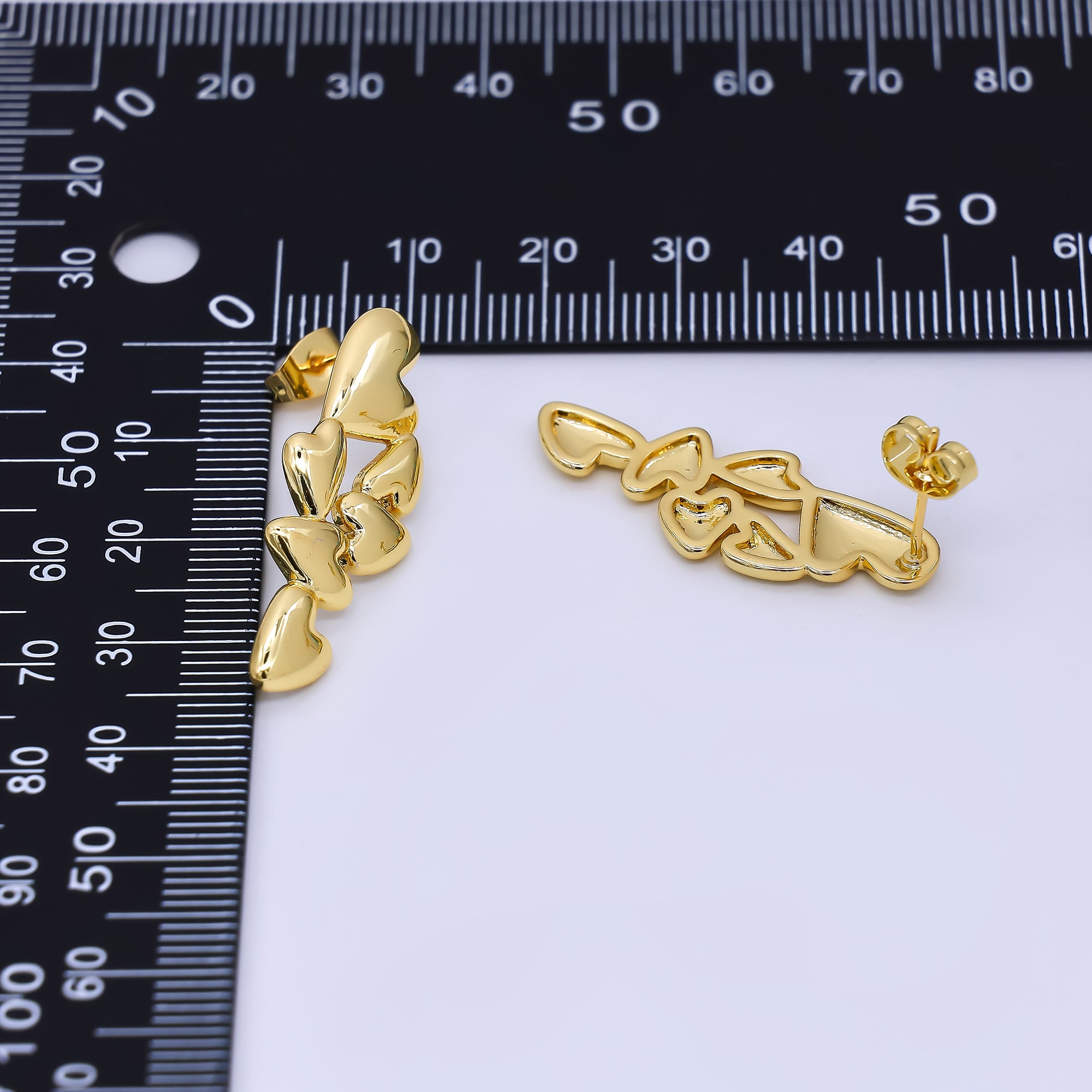 24K Gold Filled 32.5mm Multiple Hearts Drop Stud Earrings | AI456