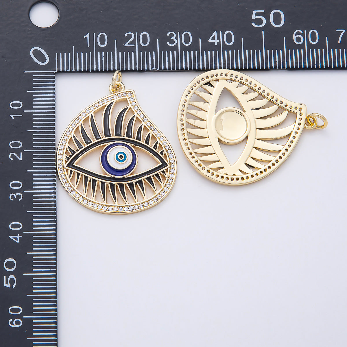 16K Gold Filled 33mm Blue Enamel Micro Paved CZ Evil Eye Open Teardrop Charm | Charms-01056