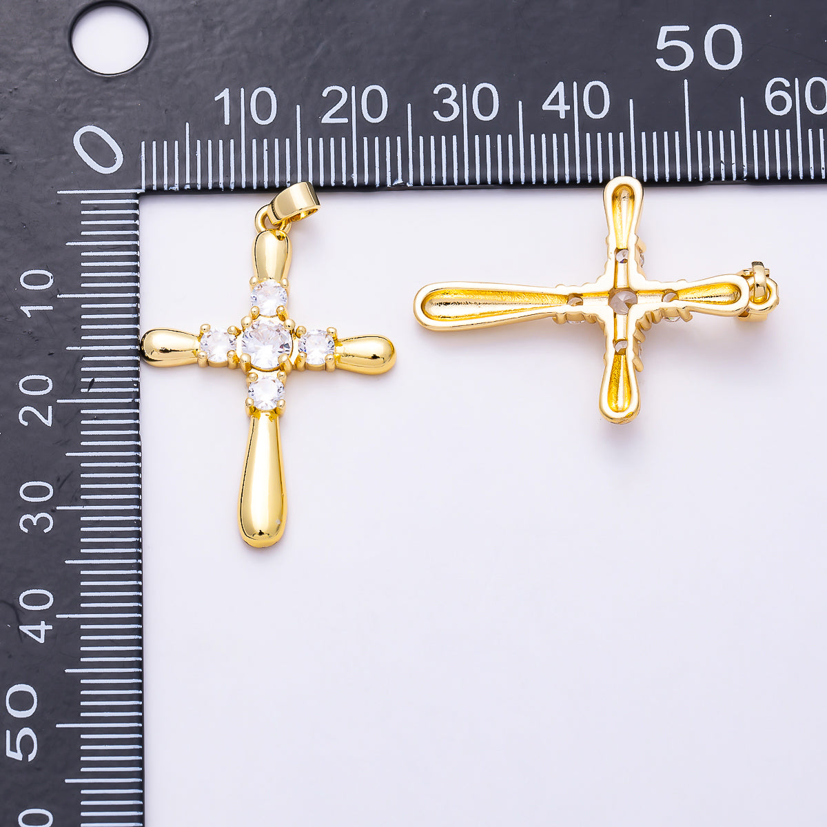 16K Gold Filled 33mm Clear CZ Minimalist Molten Religious Cross Pendant | Charms-01999
