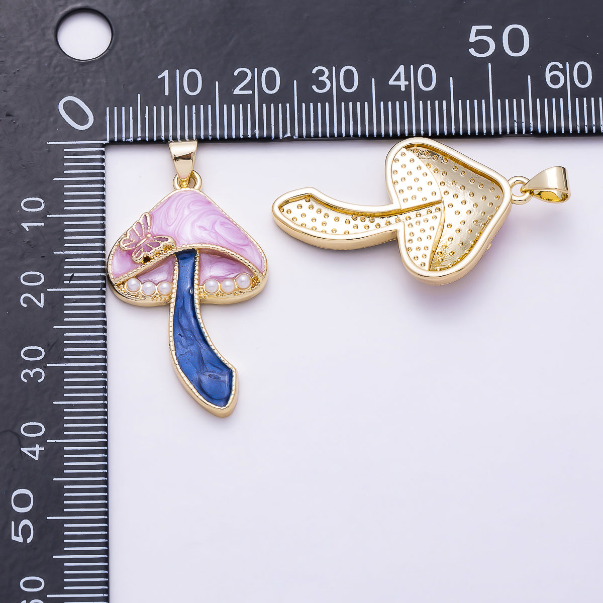 16K Gold Filled 33mm Blue and Pink Enamel Butterfly Mushroom Pendant | Charms-01930