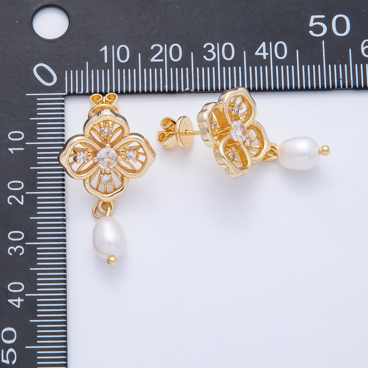 18K Gold Filled 33mm CZ Flower Filigree Shell Pearl Drop Stud Earrings | AE622
