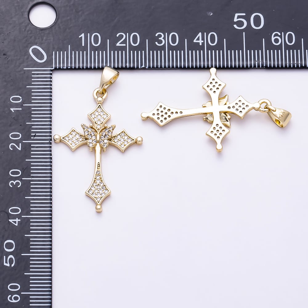 14K Gold Filled 33mm Micro Paved CZ Rhombus Butterfly Passion Cross Religious Pendant | Charms-02187