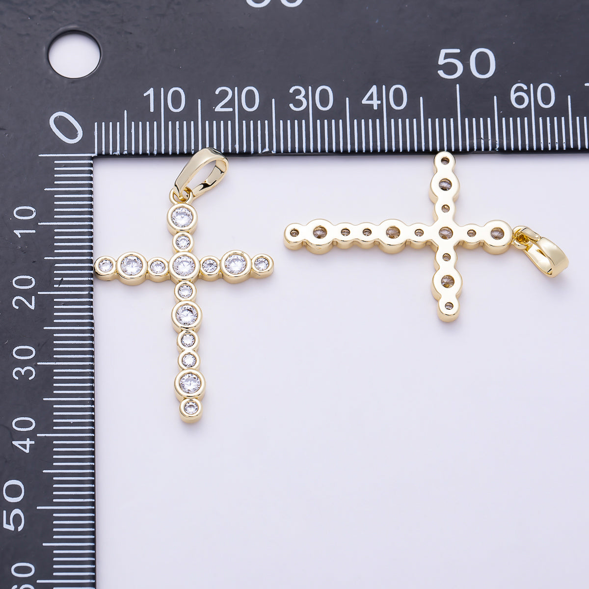 16K Gold Filled 33mm Clear CZ Round Bezel Cross Religious Pendant | Charms-01402