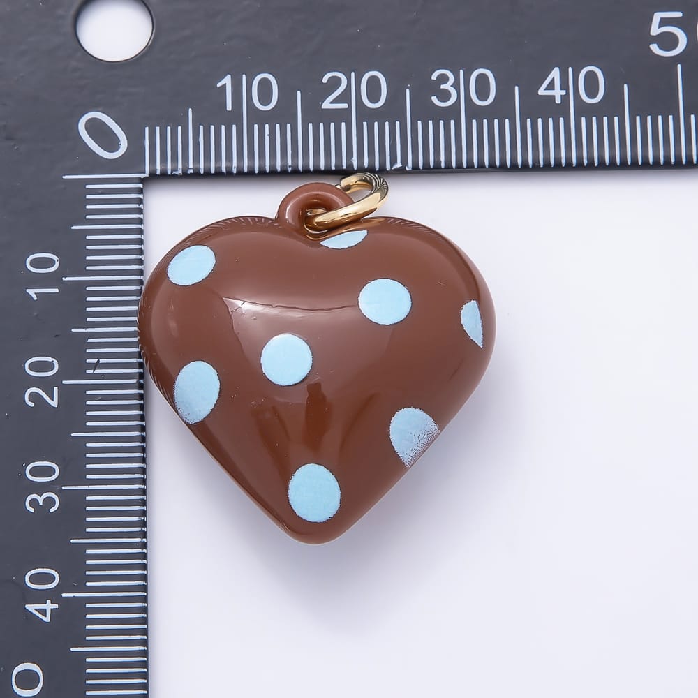 AUNTUMN FALL 18K Gold Filled 35mm Blue Polka Dotted Red Enamel Resin Chubby Heart Charm | Charms-02382