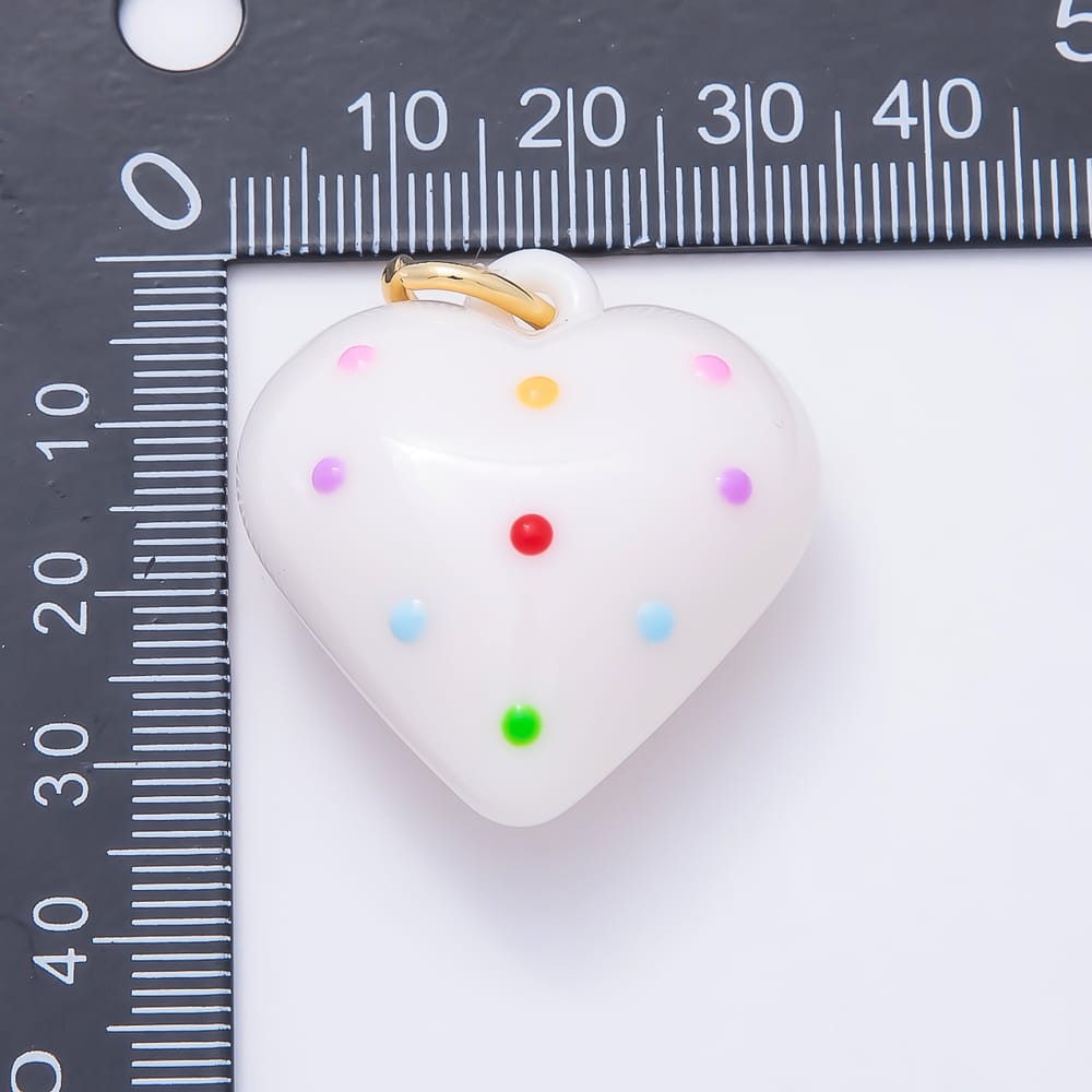 18K Gold Filled 35mm Multicolor Polka Dotted White Enamel Resin Chubby Heart Charm | Charms-02383