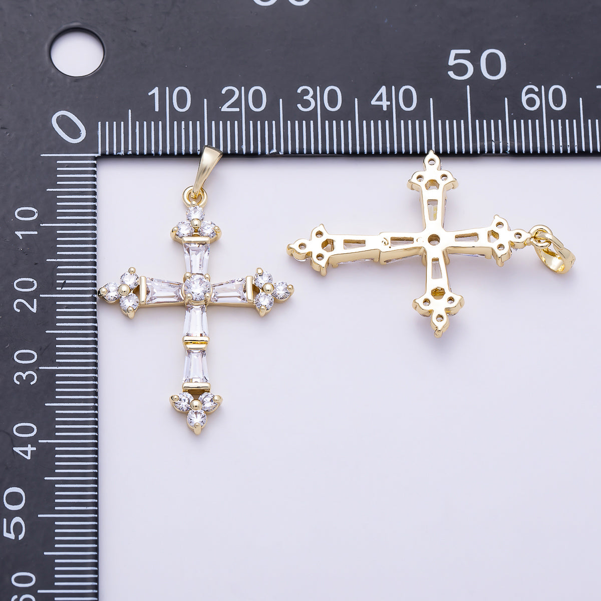 16K Gold Filled 35mm Clear CZ Baguette Micro Paved Religious Cross Pendant | Charms-01380