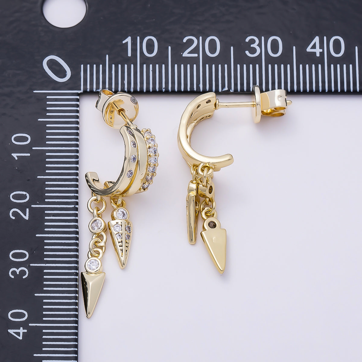 16K Gold Filled 34mm Clear Micro Paved CZ Dotted Spiked C-Shaped Hoop | Earrings-00687