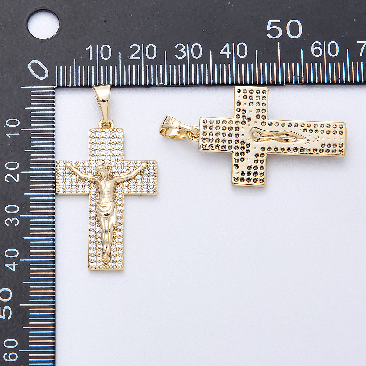 14K Gold Filled 35mm Wide Micro Paved CZ Jesus Crucifix Cross Religious Pendant | Charms-00221