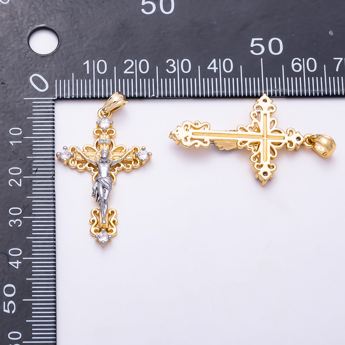 16K Gold Filled 35mm CZ Crucifix Cross Mixed Metal Religious Pendant | Charms-02006