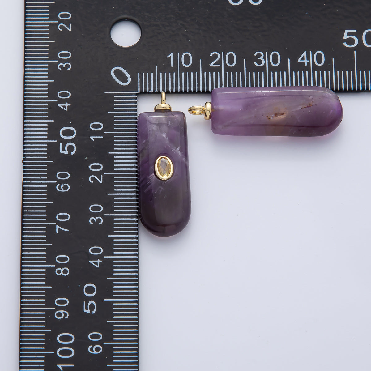 18K Gold Filled 35mm Yellow CZ Embedded Amethyst Tube Gemstone Charm | AF1445