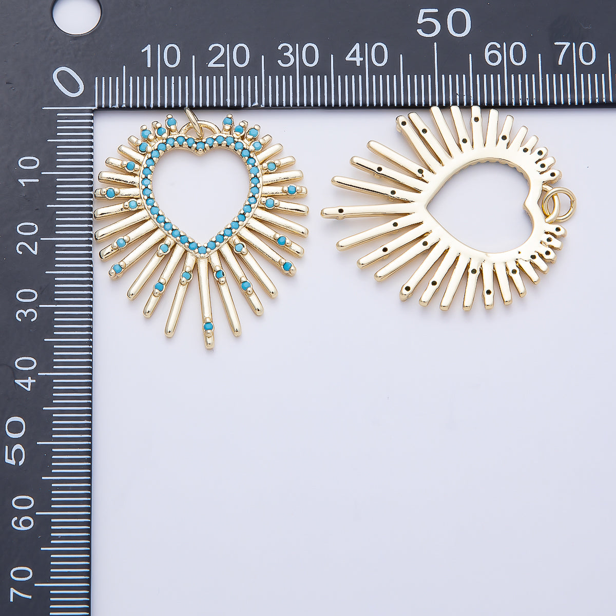 16K Gold Filled 35mm Turquoise Dotted Micro Paved Sunburst Heart Charm | Charms-01253