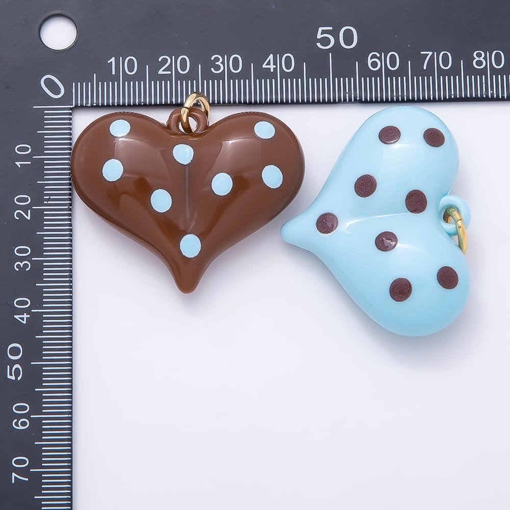 AUNTUMN FALL 18K Gold Filled 35mm Brown, Blue Polka Dotted Enamel Resin Chubby Heart Charm | Charms-02384 Charms-02385