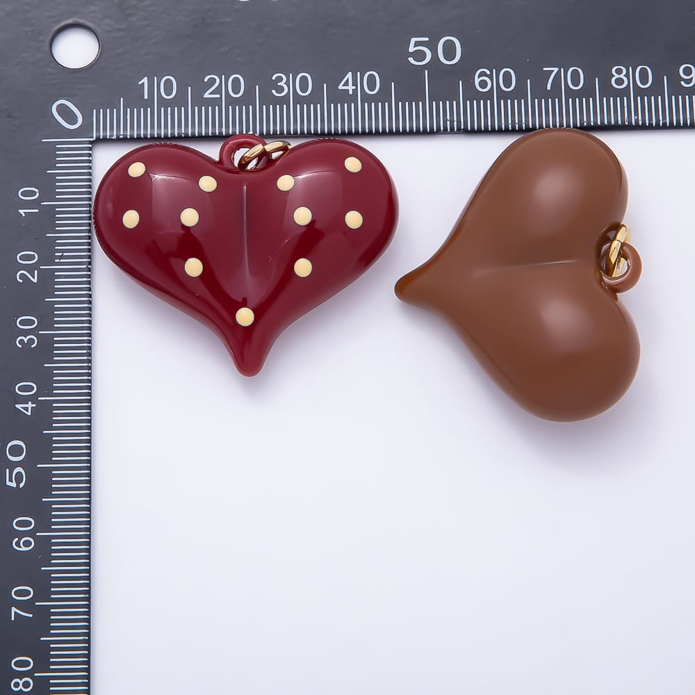 AUNTUMN FALL 18K Gold Filled 35mm White, Yellow, Multicolor Polka Dotted Brown, Red, White Enamel Resin Chubby Heart Charm | Charms-02386 ~ Charms-02388