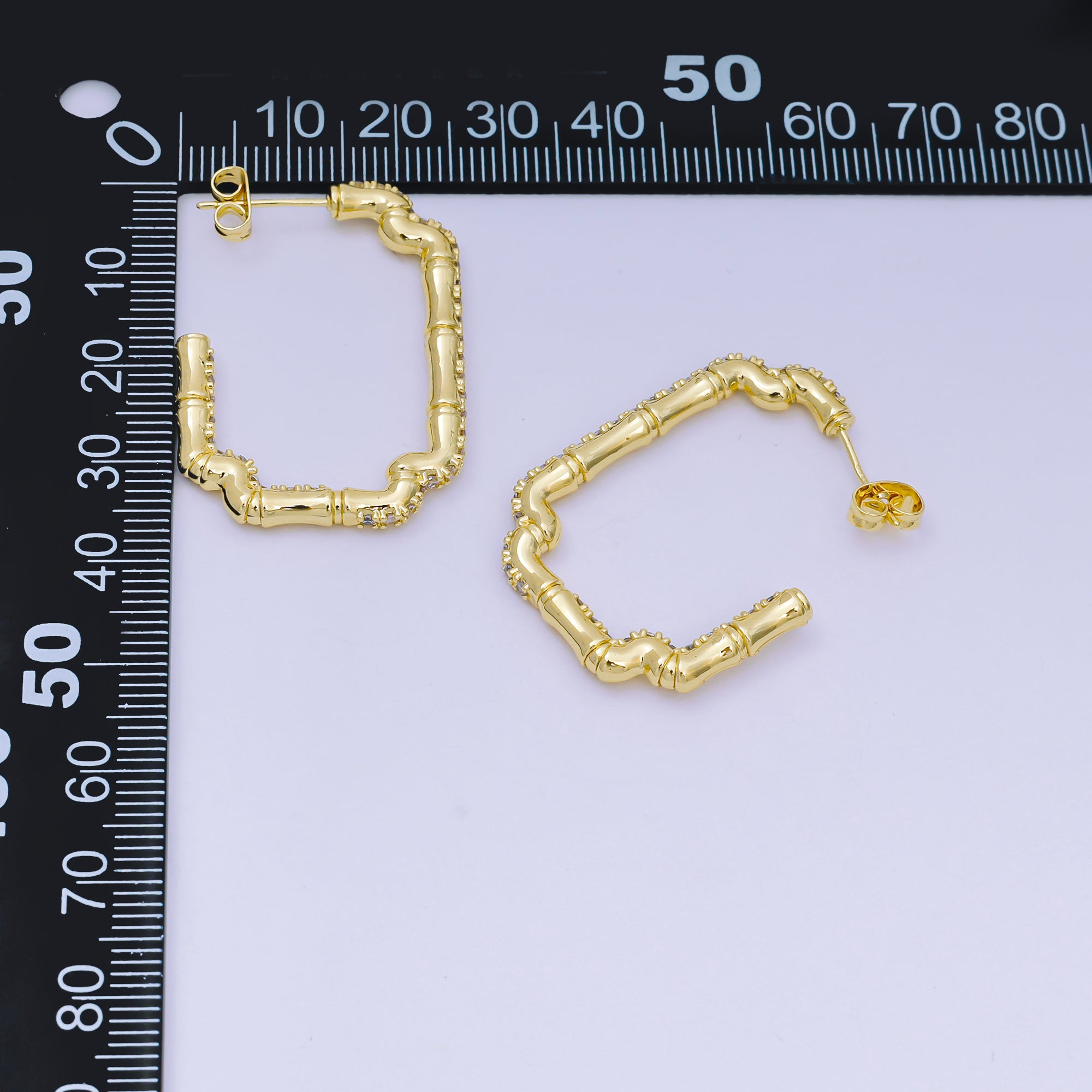 24K Gold Filled 35mm Micro Paved CZ Bamboo Geometric J-Shaped Hoop Earrings | AI505