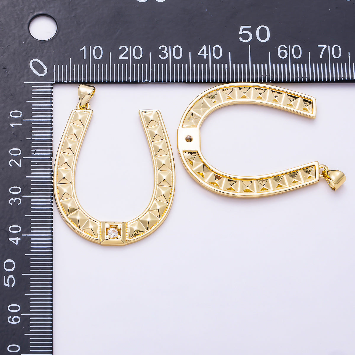 16K Gold Filled 36mm Clear Solitaire CZ Pyramid Studded Horseshoe Lucky Pendant | Charms-01931
