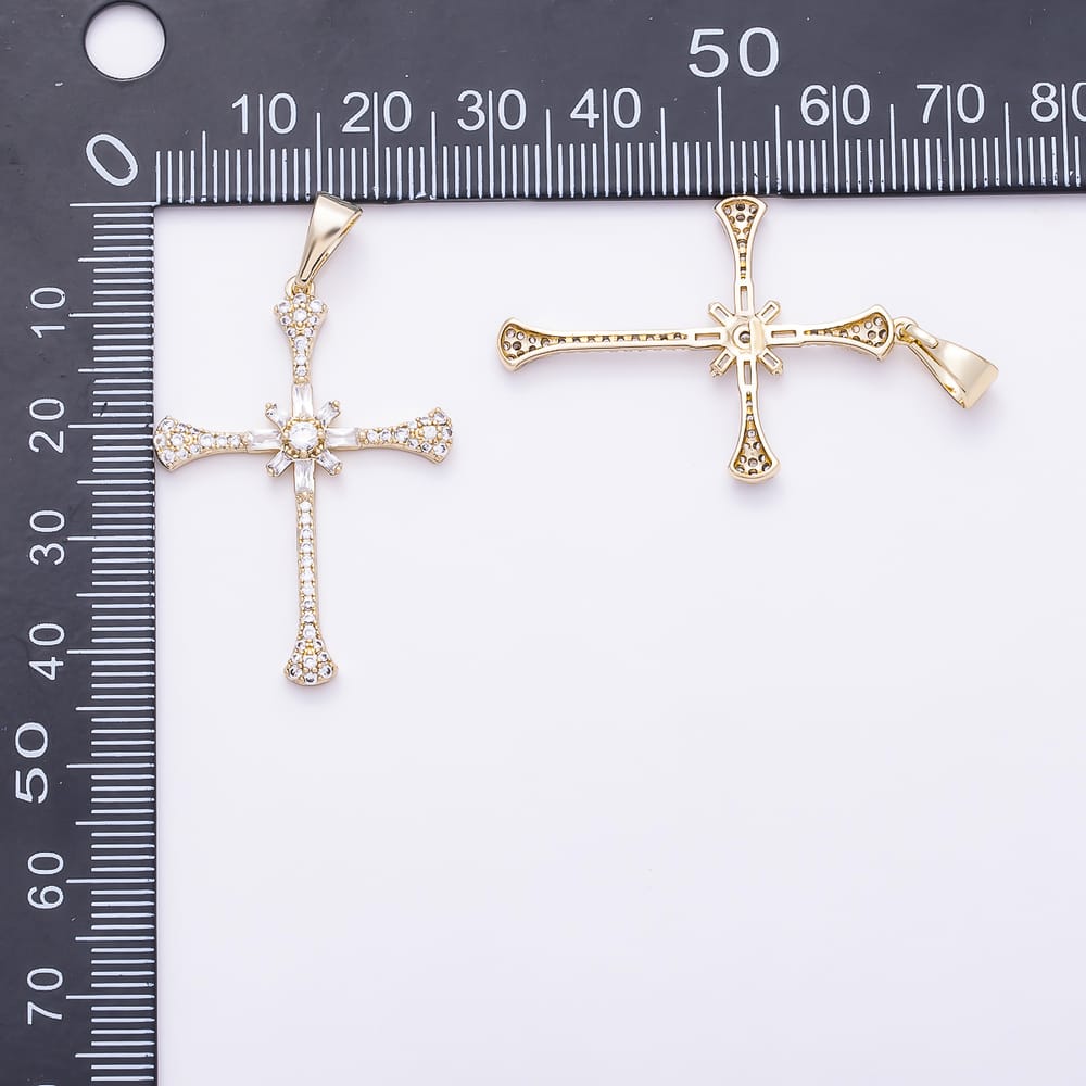 14K Gold Filled 37mm Baguette Micro Paved CZ Religious Passion Cross Pendant | Charms-02183