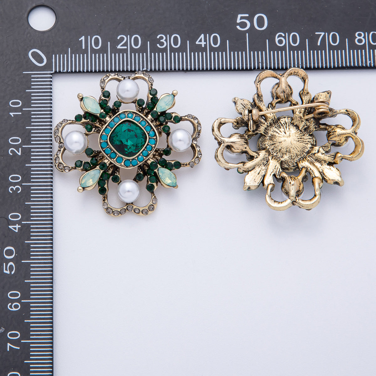 Vintage Antique Gold Flower Blue Black Gray Crystal Brooch Pin | BH-006