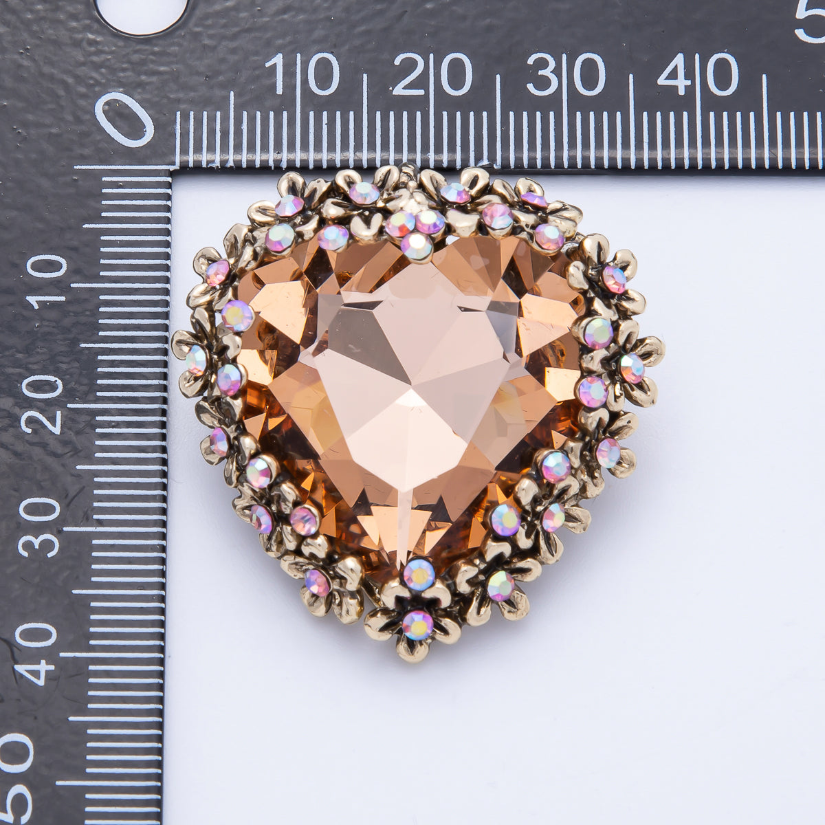 Gold 37mm x 36mm Orange Rhinestone Heart Pin Brooch | BH-067