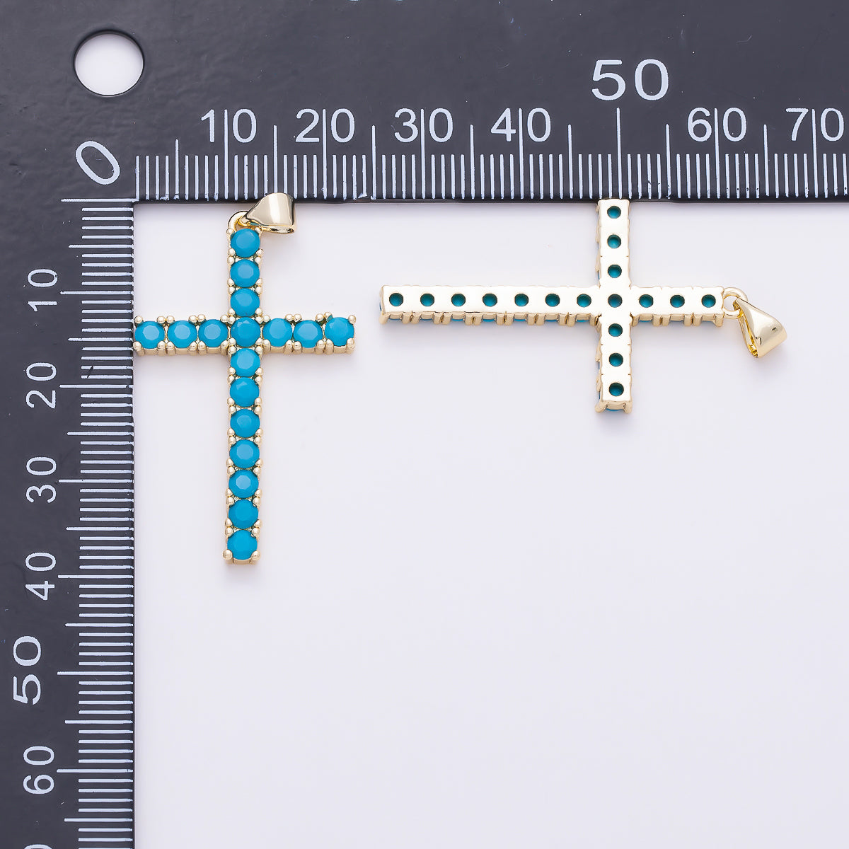 16K Gold Filled 37mm Turquoise Micro Paved Cross Religious Pendant | Charms-01653