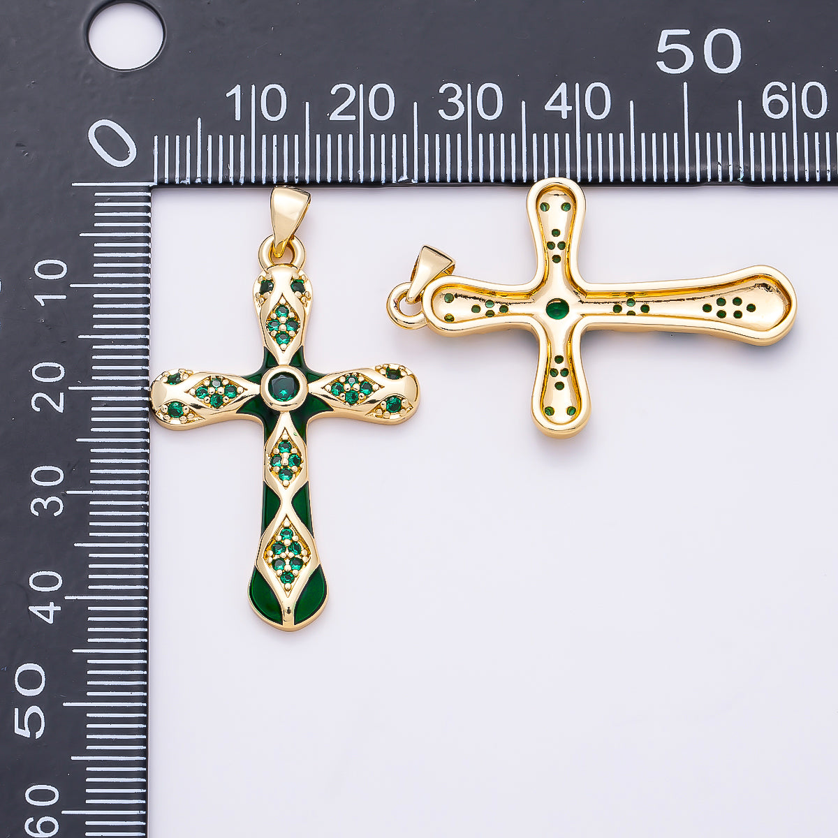 16K Gold Filled 37mm White, Green, Red Enamel Micro Paved CZ Geometric Cross Pendant | Charms-01316 ~ Charms-01318