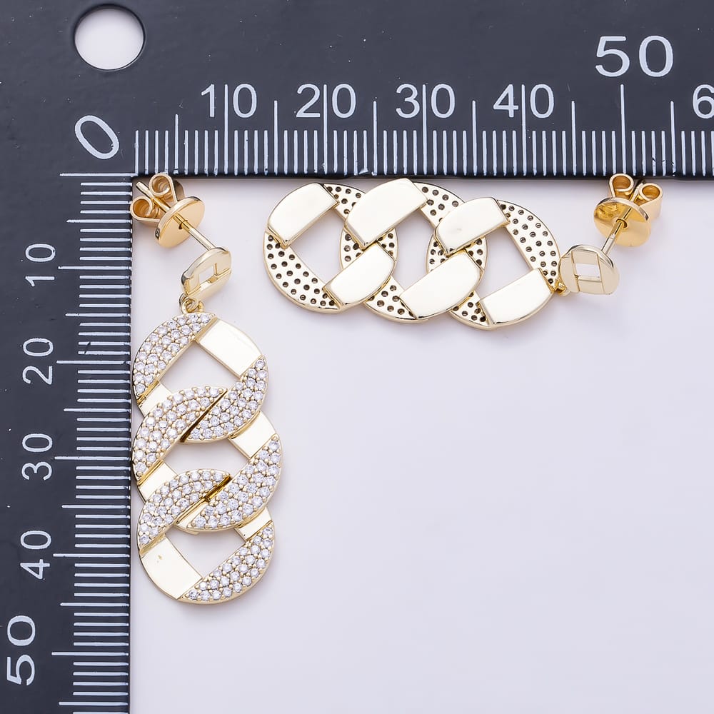 14K Gold Filled 38mm Micro Paved CZ Curb Chain Drop Stud Earrings | Earrings-01213