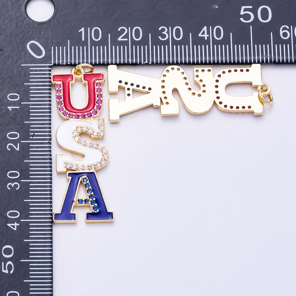 16K Gold Filled 40mm "USA" Multicolor Micro Paved CZ Enamel Script Charm | Charms-02031