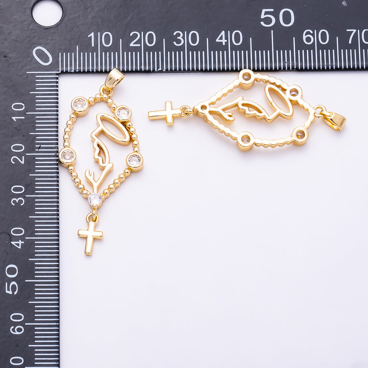 16K Gold Filled 40mm Clear CZ Dotted Religious Cross Women Drop Pendant | Charms-01997