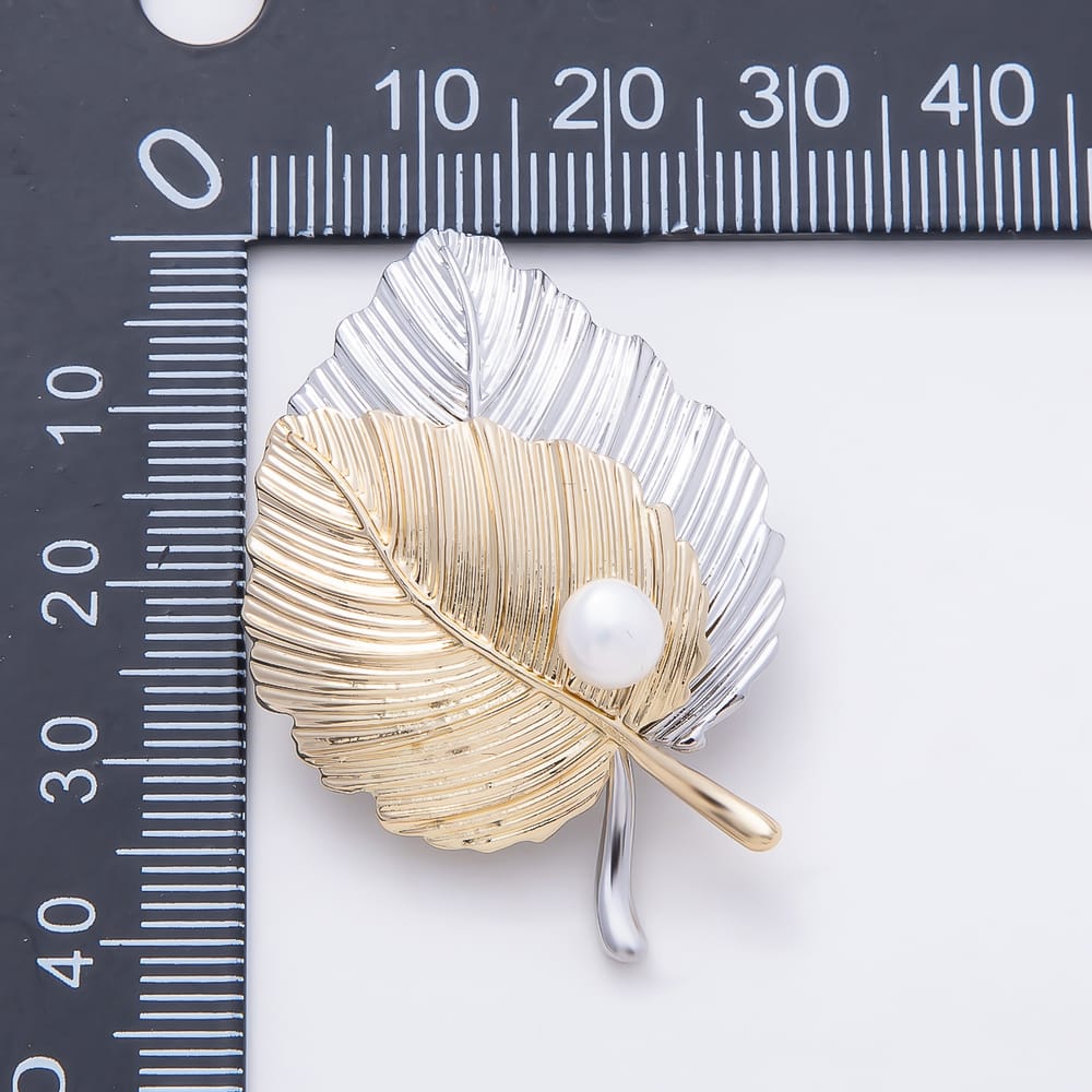 Mixed Metal Shell Pearl Lined Ribbed Leaf Pin Brooch | BH-00206