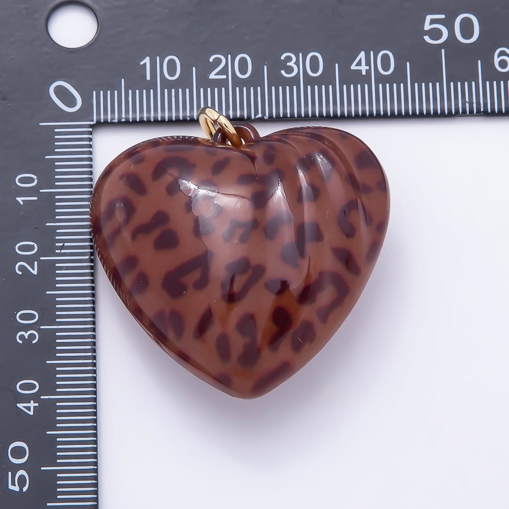 AUNTUMN FALL 18K Gold Filled 40mm Cheetah Leopard Print Brown Enamel Resin Chubby Heart Charm | Charms-02395