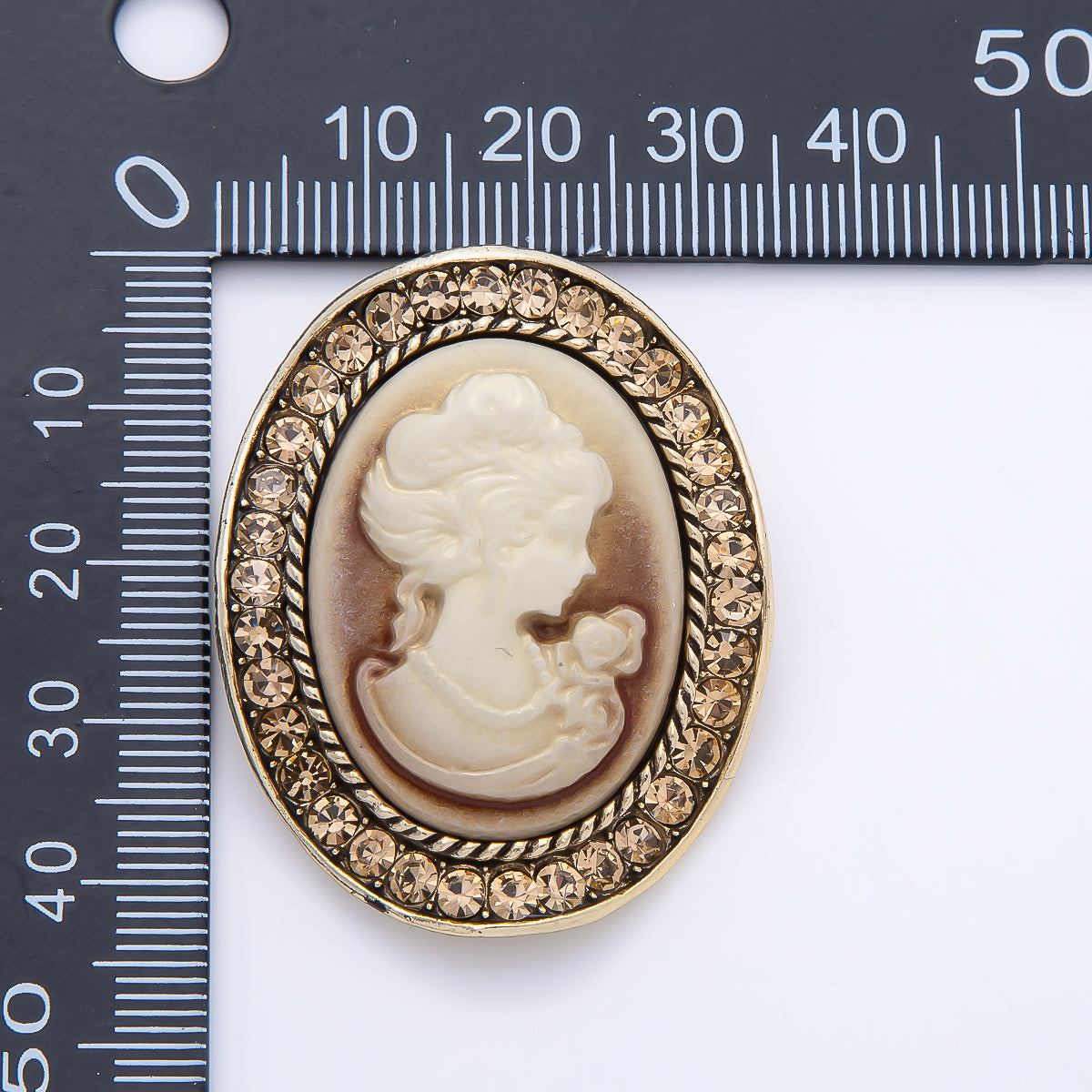 Vintage Gold 41mm Lady Portrait Cameo Peach Champagne Rhinestone Oval Pin Brooch | BH-00172