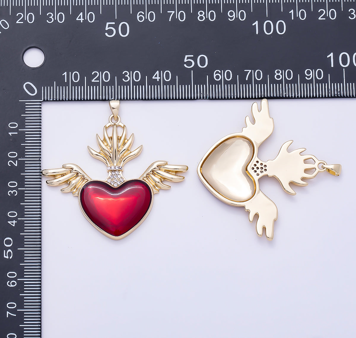 16K Gold Filled 42mm Micro Paved CZ Red Sacred Heart Wings Religious Pendant | Charms-01277